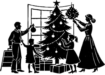 Family Decorating Christmas Tree Indoors &ndash; Linocut Holiday Silhouette