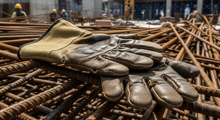Worn Leather Work Gloves Resting on a Pile of Rusty Steel Rebar at a Construction Site