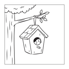 Cute Bird in a Birdhouse Hanging from a Tree, Nature Coloring Page