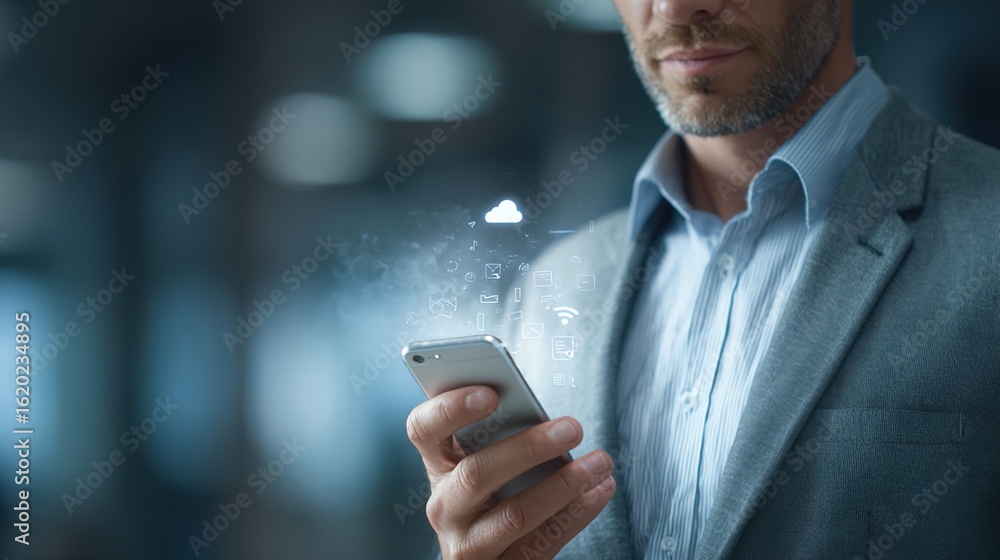 Poster smart tech interaction: a sharply dressed individual with a smartphone in hand. a modern day of inno
