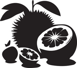 Monochromatic Still Life Composition Featuring Durian Fruit and Sliced Citrus Elements in a Graphic Style Illustration