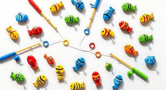 A colorful flatlay of a children's magnetic fishing game with plastic fish toys on white