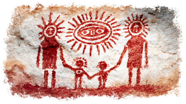 Ancient Cave Painting Depicting Family and Sun Motif 