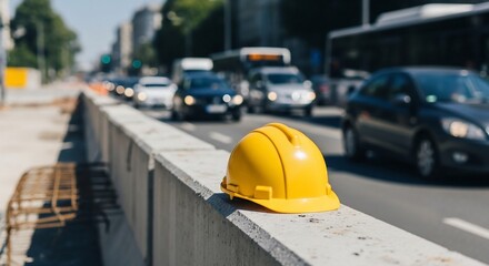 Yellow Hard Hat Resting on Concrete Barrier with Blurred City Traffic