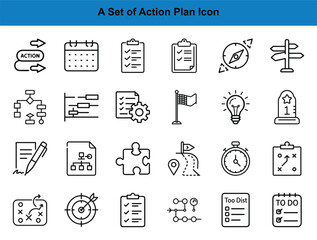 Black outline icons illustrate project strategy elements and tools for effective planning transparent background