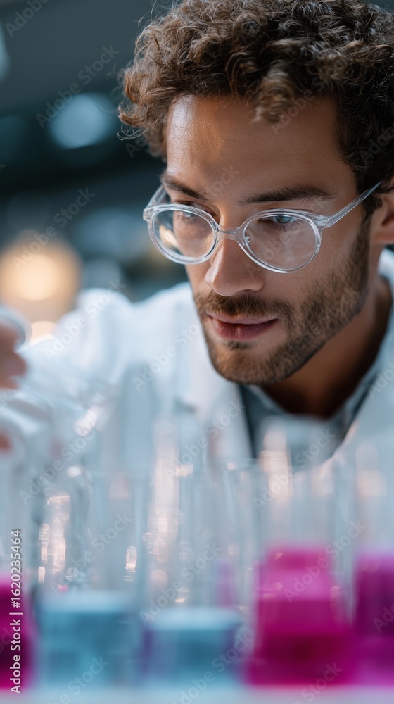 Aufkleber scientist conducting experiments with colorful solutions in laboratory during evening