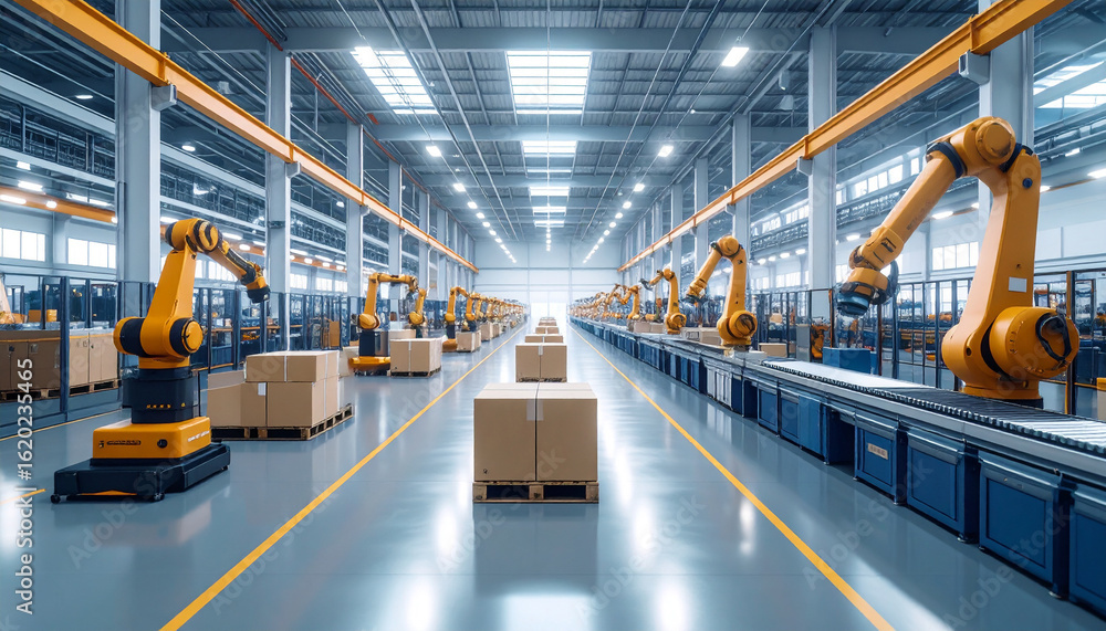 Poster robotic assembly line in factory: industrial robots working in a modern factory, showcasing cutting-