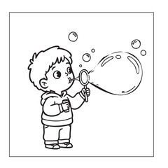 Cartoon Boy Blowing a Large Soap Bubble, Coloring Page

