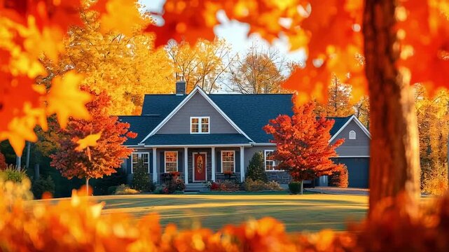 Cozy house surrounded by vibrant autumn trees with orange and yellow leaves creating warm inviting fall atmosphere in neighborhood home