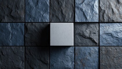 A single, light grey cube rests centrally amongst a grid of dark, textured stone tiles, casting a subtle shadow
