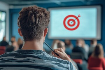 Focused young adult learning in modern classroom targeting success