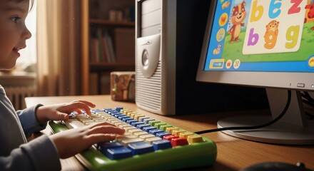 Young child learning with colorful keyboard and educational computer game