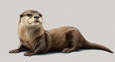 Watercolor Illustration of a River Otter on a Light Gray Background