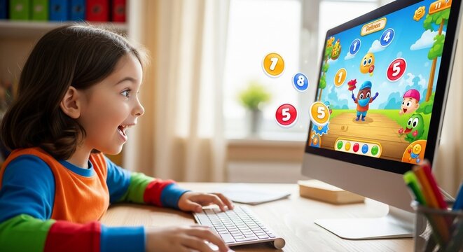 Young girl excitedly plays an educational computer game with colorful characters and numbers