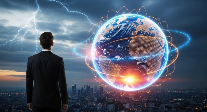 Businessman observing a glowing digital earth network with lightning in the stormy sky above a futuristic cityscape