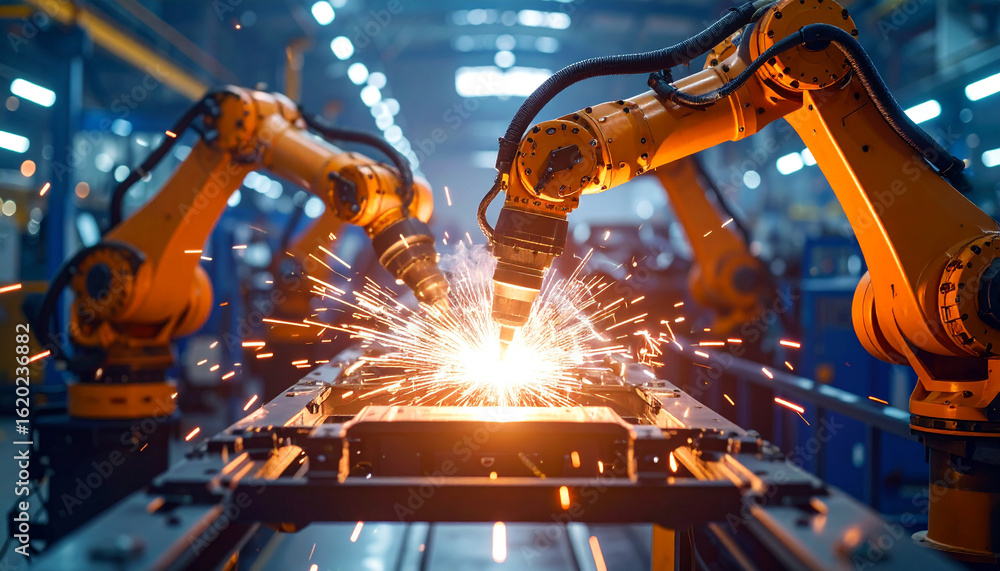 Poster robotic precision in the factory: a dynamic view of robotic arms precisely welding metal components,