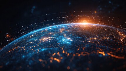 Orbit paths of global navigation satellite system visualized in spherical projection, with beacon trails, timing pulses, and coordinate grid