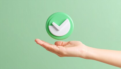 3D Done button icon floating above a hand