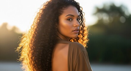 Young woman with curly hair illuminated by golden hour sunlight, looking over her shoulder