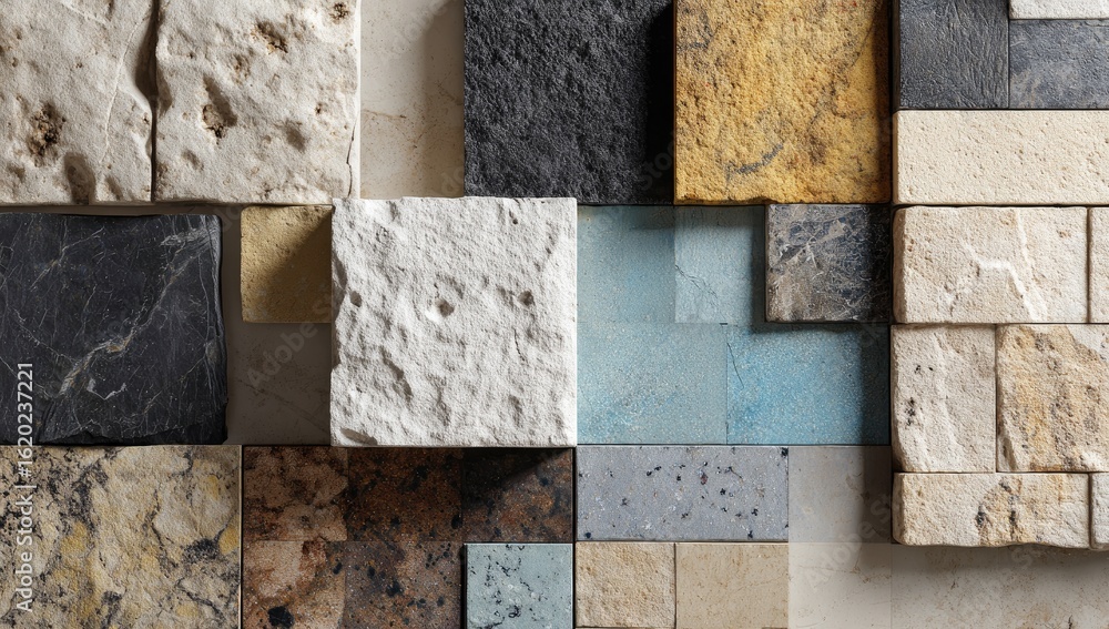 Poster an array of square and rectangular stone tiles in various colors and textures, including beige, brow