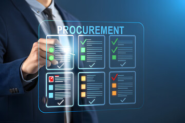 Man interacting with futuristic procurement checklist interface