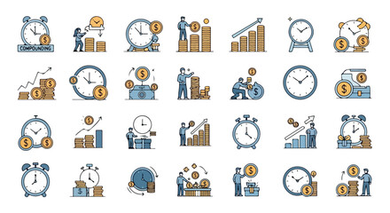 A comprehensive set of financial icons featuring clocks, coins, and people engaged in investment, savings, and wealth growth activities.