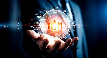 Businessman holding glowing sphere with team silhouettes and digital icons technology people