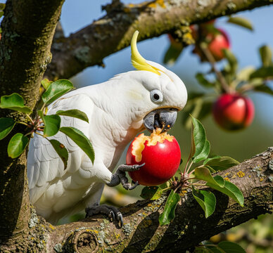 parrot eating red apple