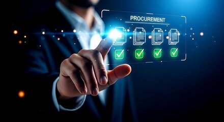 Businessman's finger touching digital screen with procurement checklist and glowing lights image