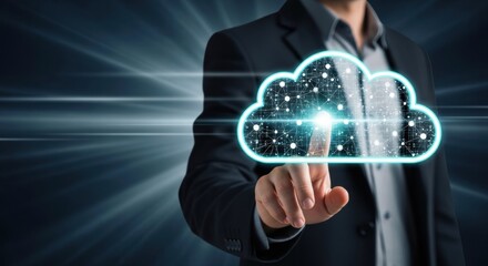 Businessman pointing at a glowing digital cloud icon representing cloud computing technology