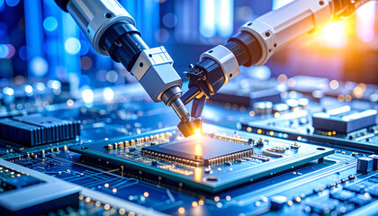 Robotic Precision in Technology: A cutting-edge robotic arm precisely works on a complex circuit board.