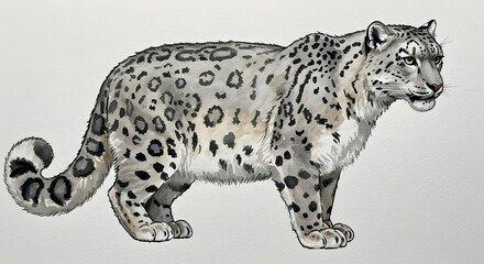 Watercolor Illustration of a Snow Leopard, Side Profile