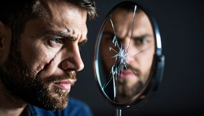 Man looking at fractured reflection