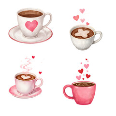 Obraz premium Romantic watercolor set of coffee cups with heart-shaped foam art, hand-painted Valentine’s collection, isolated on white background