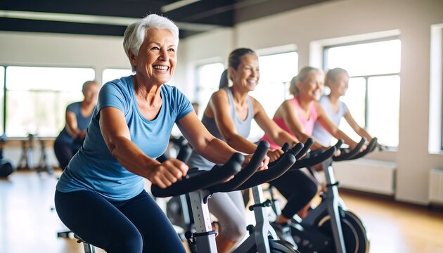 Happy senior women enjoy a fitness class, riding stationary bikes