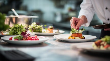 Naklejka premium Modern food stylist decorating meal for presentation in restaurant