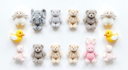 Charming flatlay of various cute miniature stuffed animal toys on a clean white background.