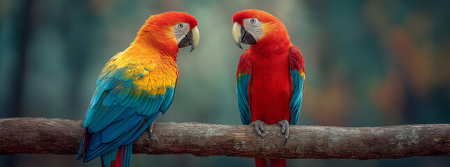 Two vibrant parrots sitting on a tree branch facing each other, looking at each other, tropical jungle background.