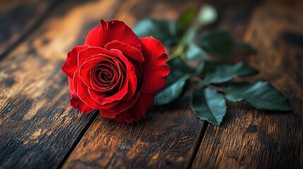 Single Red Rose on Wooden Table for Valentine's Day, Love and Romance Symbol
