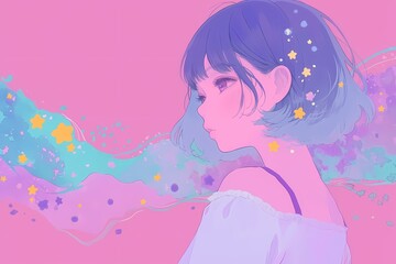 パステルカラーの女の子の横顔（イラスト・ファンタジー・背景・壁紙）