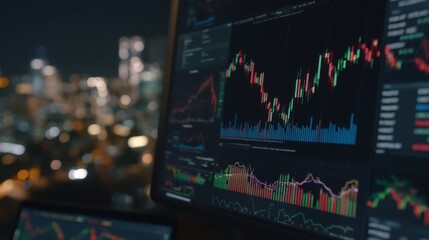 Market analysis insights financial district data visualization urban nightscape close-up view investment trends and patterns