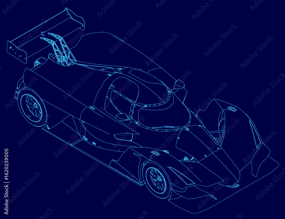 Poster a sleek race car blueprint features detailed contours and aerodynamic curves on a vibrant blue backg