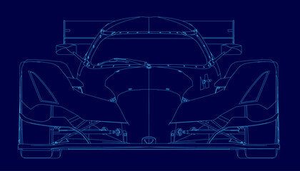 A sleek race car blueprint features detailed contours and aerodynamic lines on a vibrant blue background. The technical drawing highlights the car's sporty design with precision.