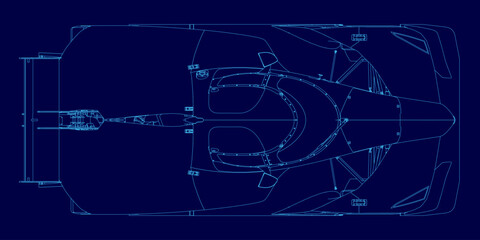 A sleek sports car blueprint on a blue background highlights detailed contours and mechanical components. The design showcases aerodynamic features and precise engineering.