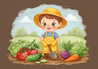 A cartoon boy in a garden with vegetables and a shovel wearing a yellow hat and yellow overalls