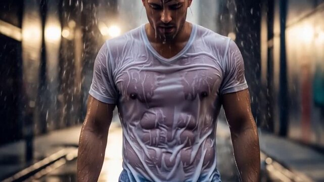 Muscular man with six pack abs stands in the rain wearing wet t-shirt in an urban setting showcases fitness and strength
