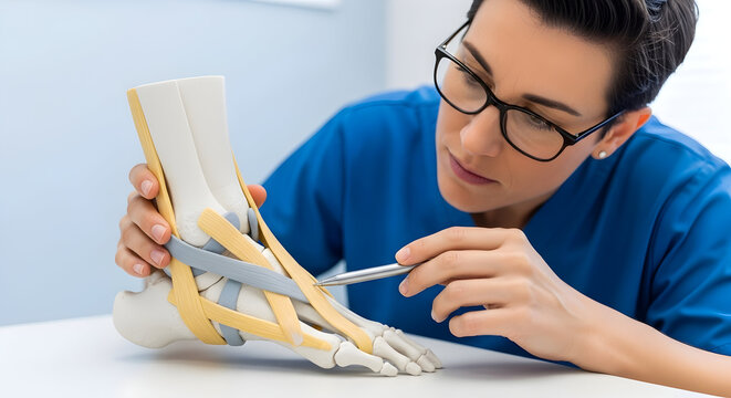 Man drawing anatomical details of a human foot, showcasing medical precision and education in a lab setting.