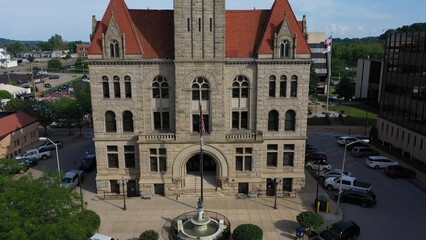 Aerial view captures the charm of Parkersburg, West Virginia, showcasing its historic architecture and the vibrant activity surrounding the downtown area.