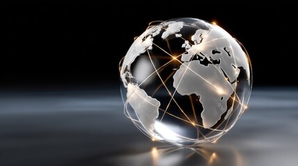 Transparent globe with glowing network connections on dark background