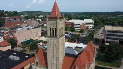 This aerial view captures the historic architecture and vibrant downtown of Parkersburg, West...